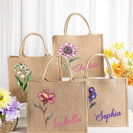 Custom Personalized Vintage Oil Painting Birth Flower and Birthstone Jute Tote Bag